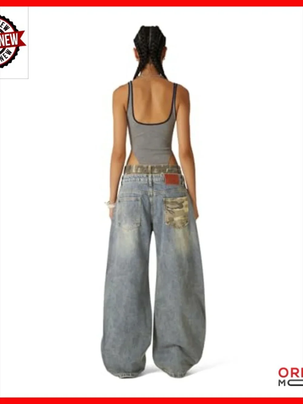 Wide Leg Denim Pants Double Waist Retro Washed Baggy Streetwear Jeans